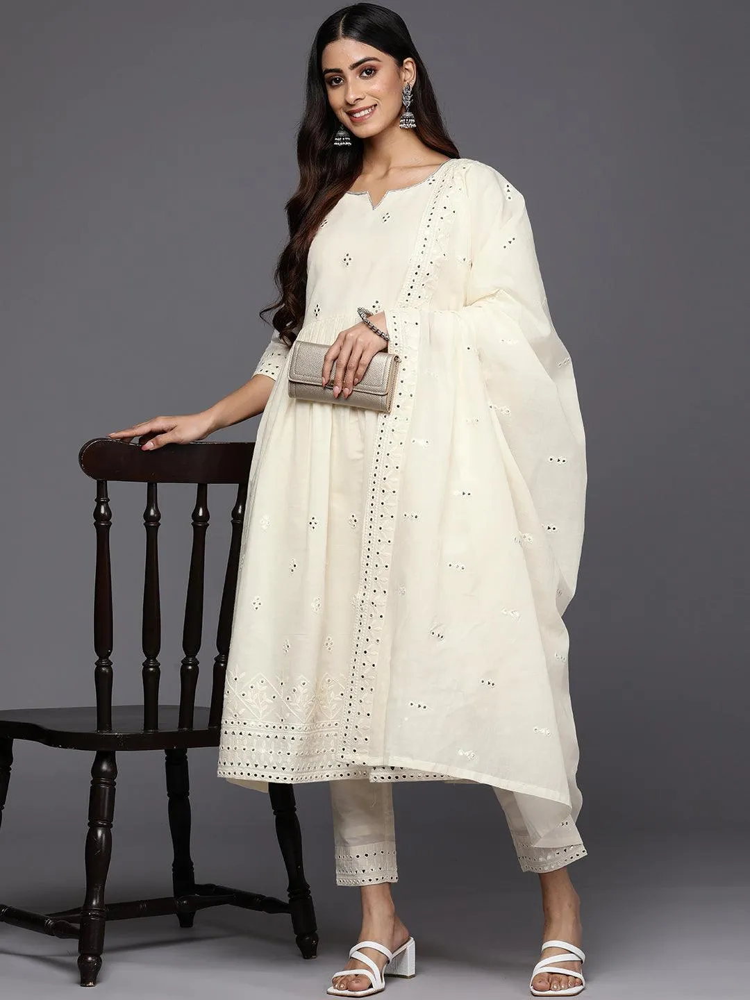 Off White Embroidered Cotton Anarkali Suit Set With Trousers