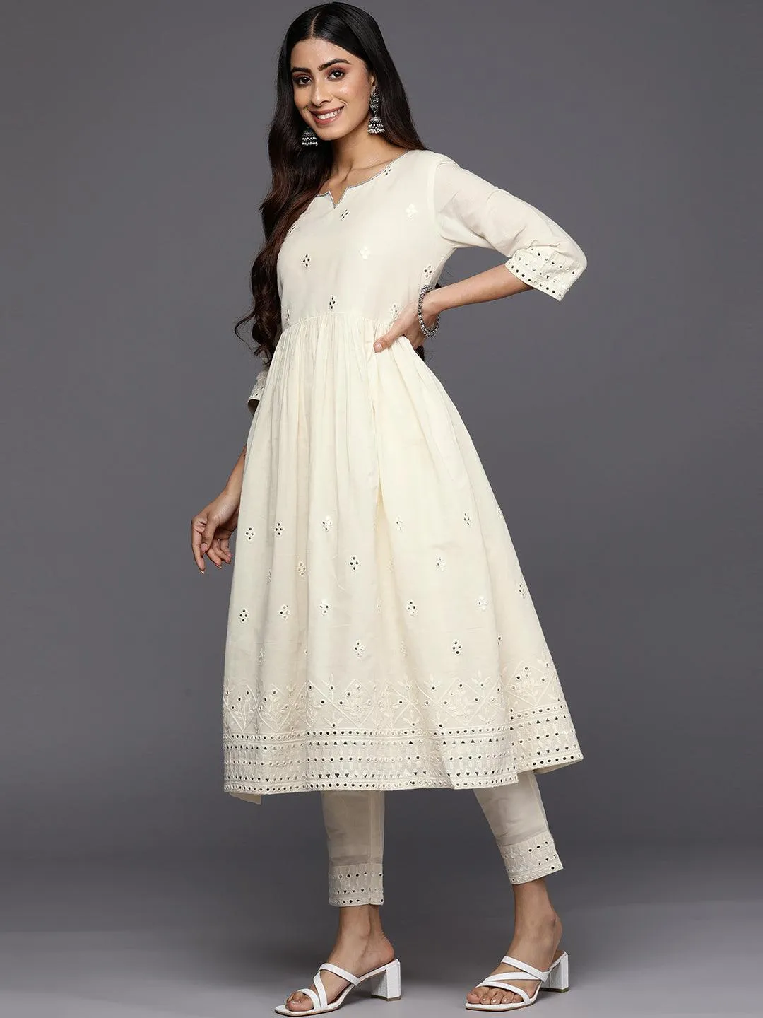 Off White Embroidered Cotton Anarkali Suit Set With Trousers