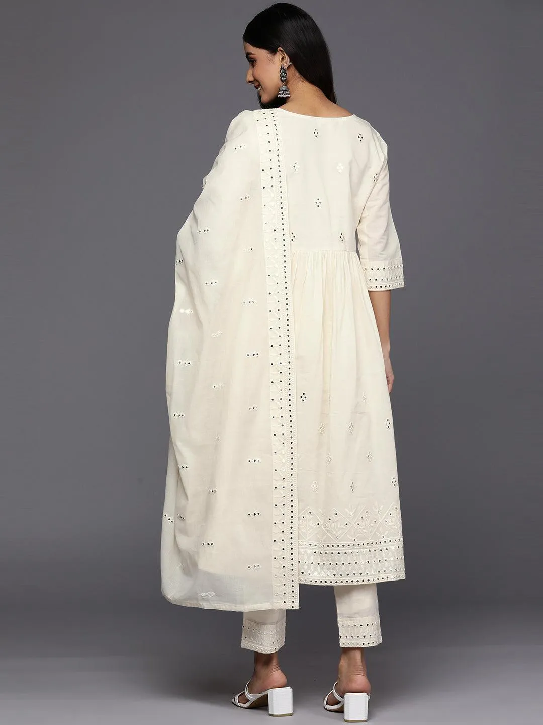 Off White Embroidered Cotton Anarkali Suit Set With Trousers