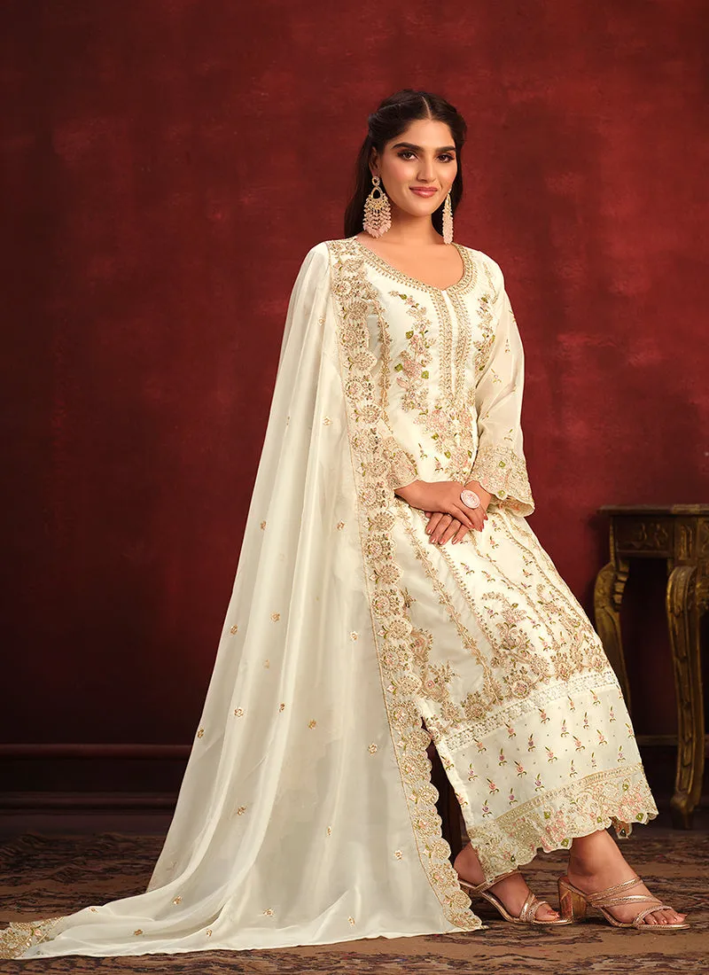 Off White Embroidery Designer Pant Style Suit