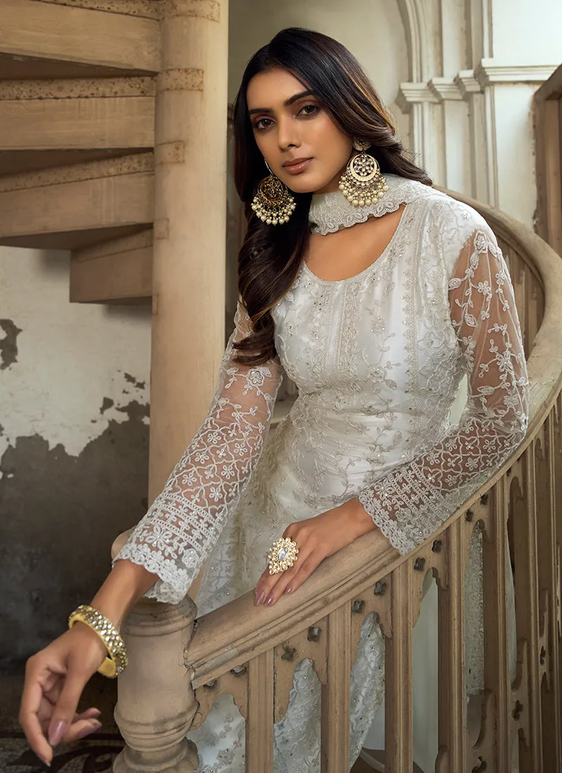 Off White Embroidery Pakistani Pant Style Suit