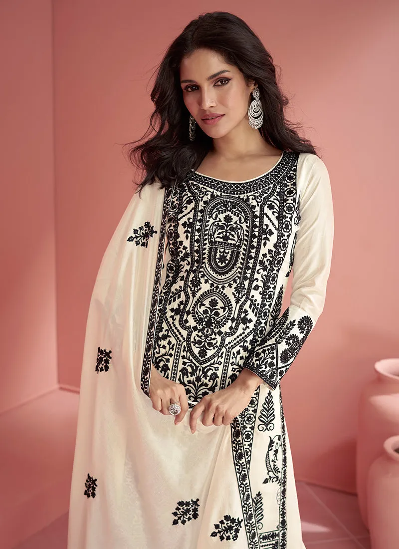 Off White Thread Embroidery Traditional Palazzo Suit