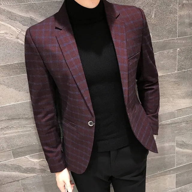 One Button Plaid Checkered Stylish Blazer