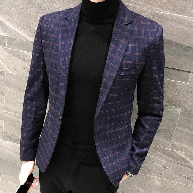 One Button Plaid Checkered Stylish Blazer