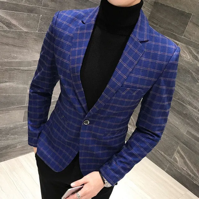 One Button Plaid Checkered Stylish Blazer