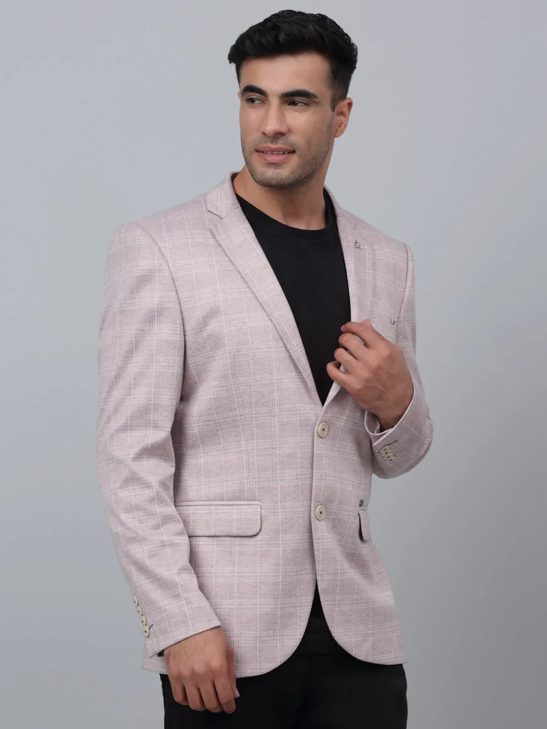 Peach Checkered Full Sleeves Casual Blazer For Men