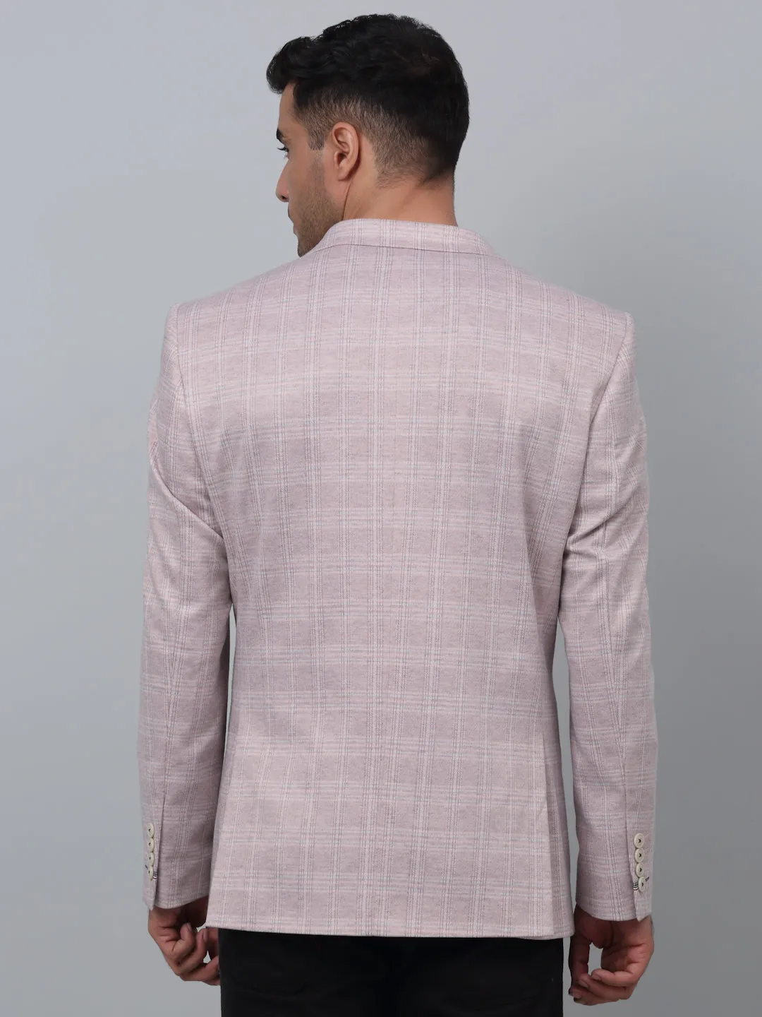 Peach Checkered Full Sleeves Casual Blazer For Men