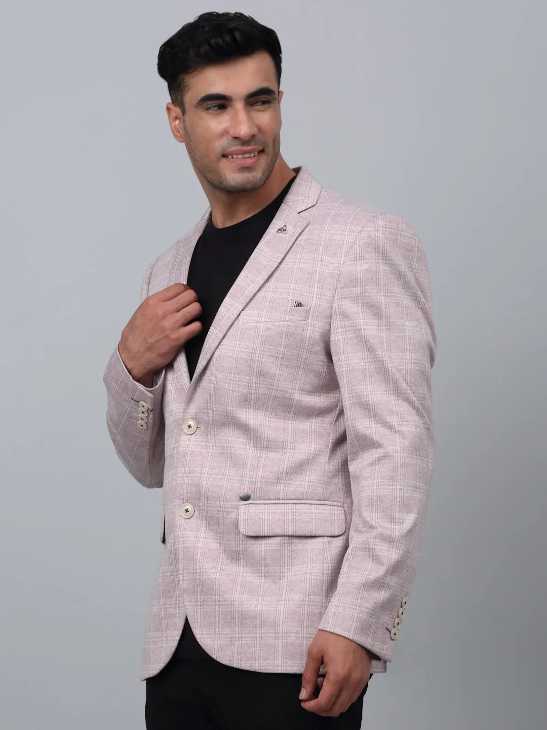 Peach Checkered Full Sleeves Casual Blazer For Men