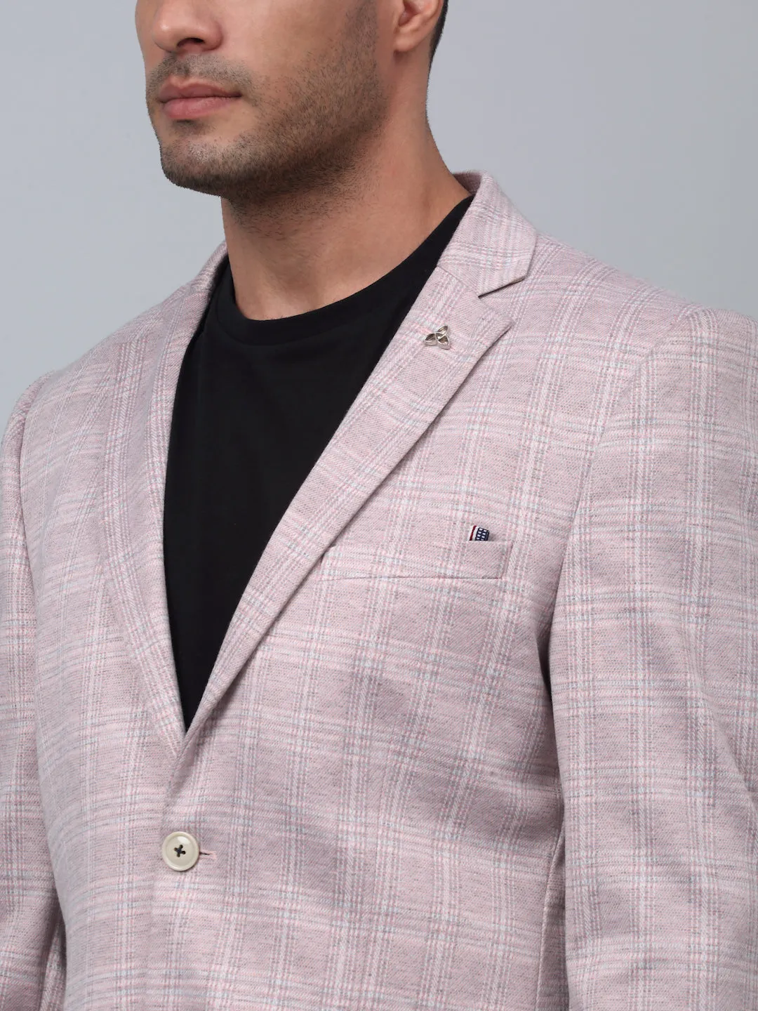 Peach Checkered Full Sleeves Casual Blazer For Men