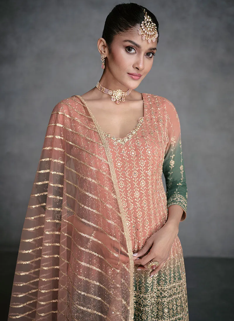 Peach Green Ombré Sequence Embroidery Designer Sharara Suit