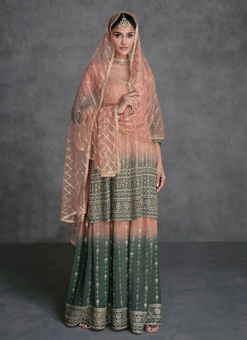 Peach Green Ombré Sequence Embroidery Designer Sharara Suit