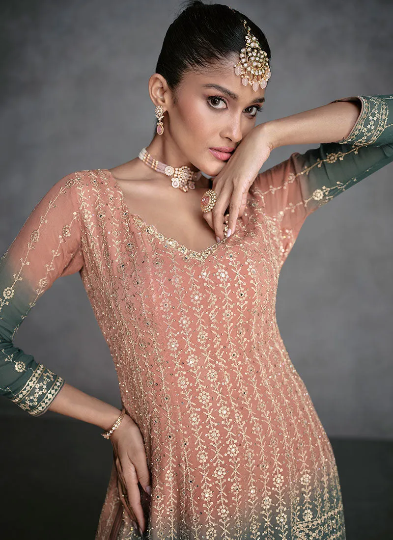 Peach Green Ombré Sequence Embroidery Designer Sharara Suit