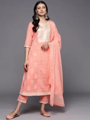 Peach Yoke Design Cotton A-Line Kurta With Trousers & Dupatta