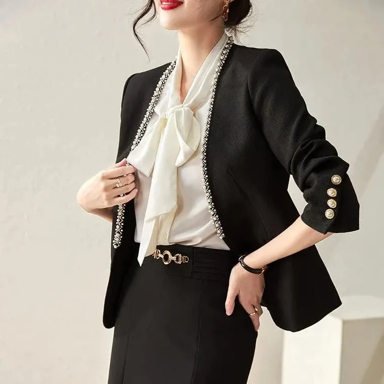 Pearl Embellished Open Front Blazer