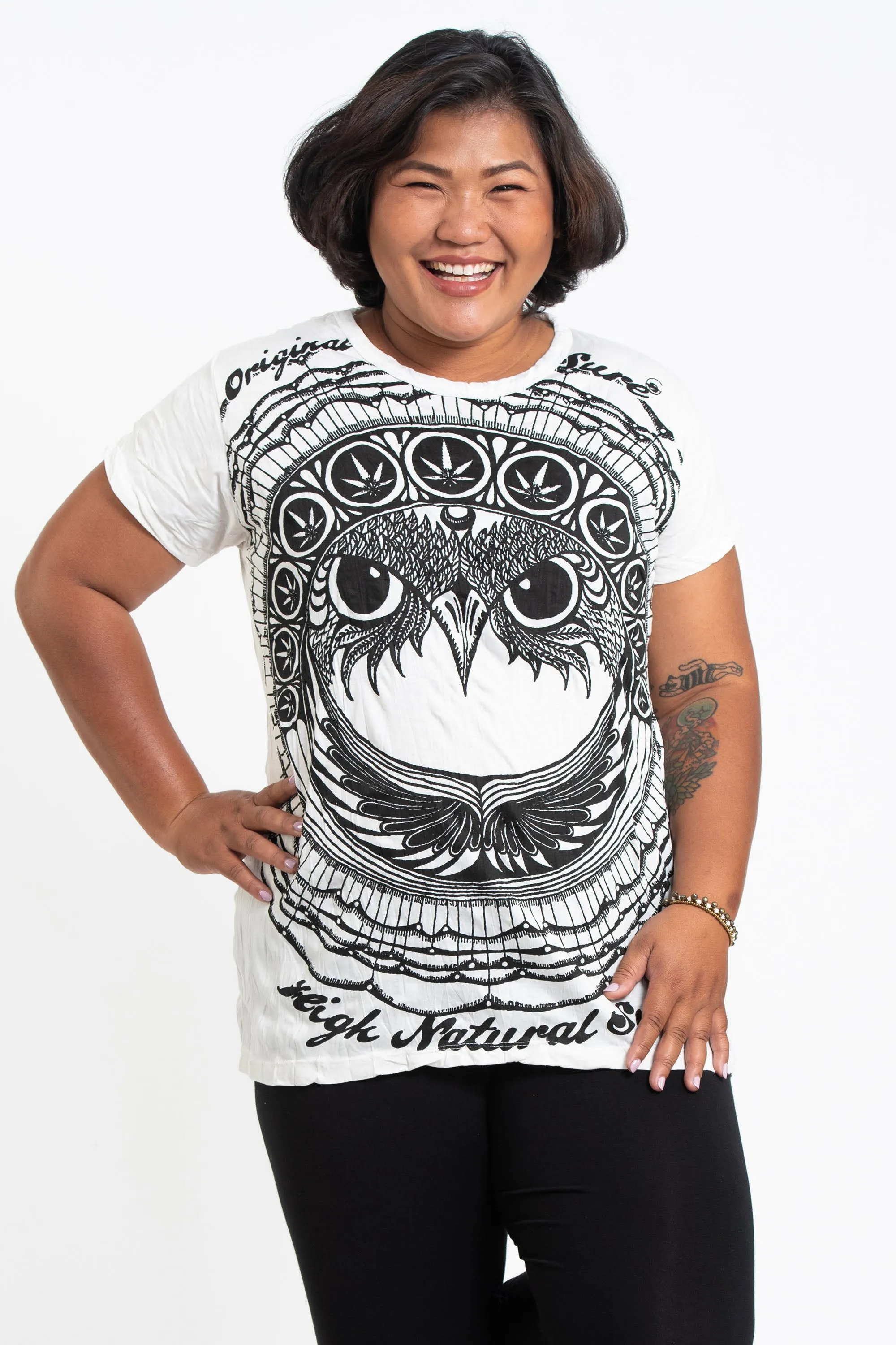 Plus Size Womens Weed Owl T-Shirt in White