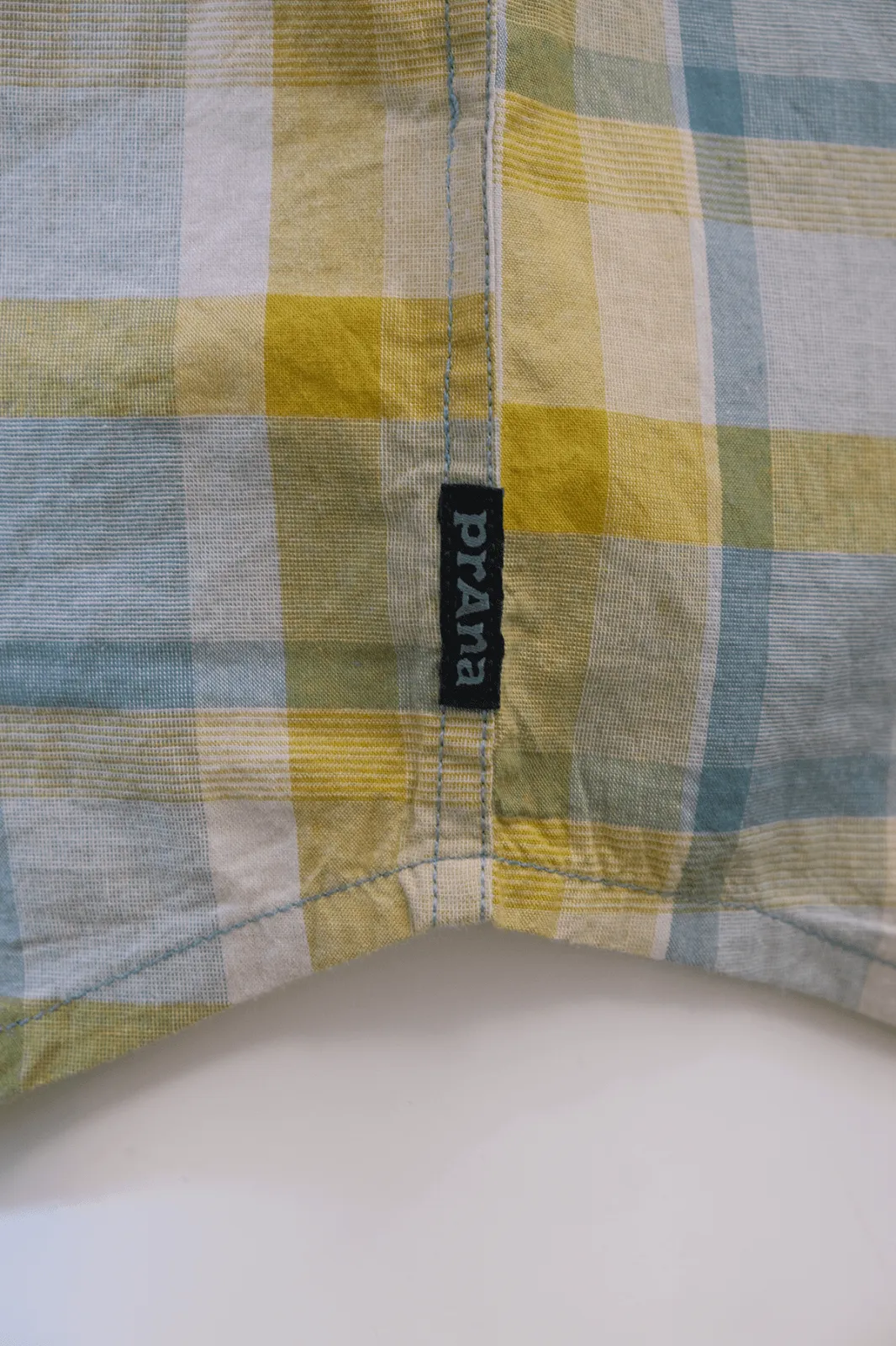 prAna Men's Mustard Yellow Turquoise Plaid S/S Woven Shirt (S24)