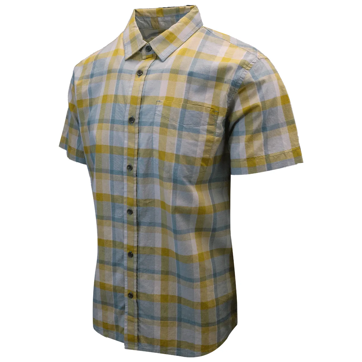 prAna Men's Mustard Yellow Turquoise Plaid S/S Woven Shirt (S24)