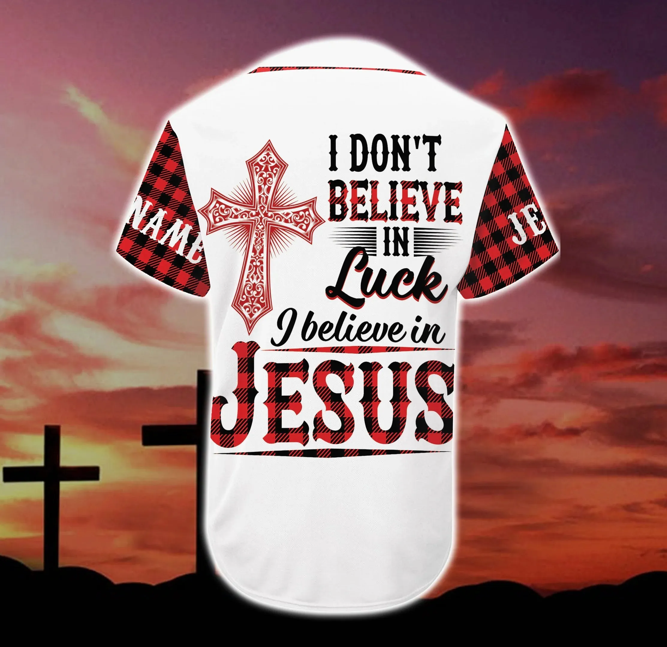 Red Cross I Dont Believe In Luck I Believe In Jesus Custom Baseball Jersey - Personalized Jesus Baseball Jersey For Men and Women