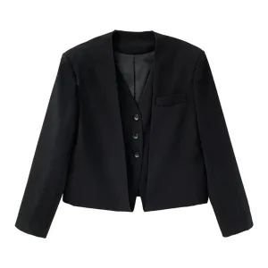 Solid Casual Patchwork Button Blazers For Women V Neck Long Sleeve Spliced Pockets Minimalist Blazer Female