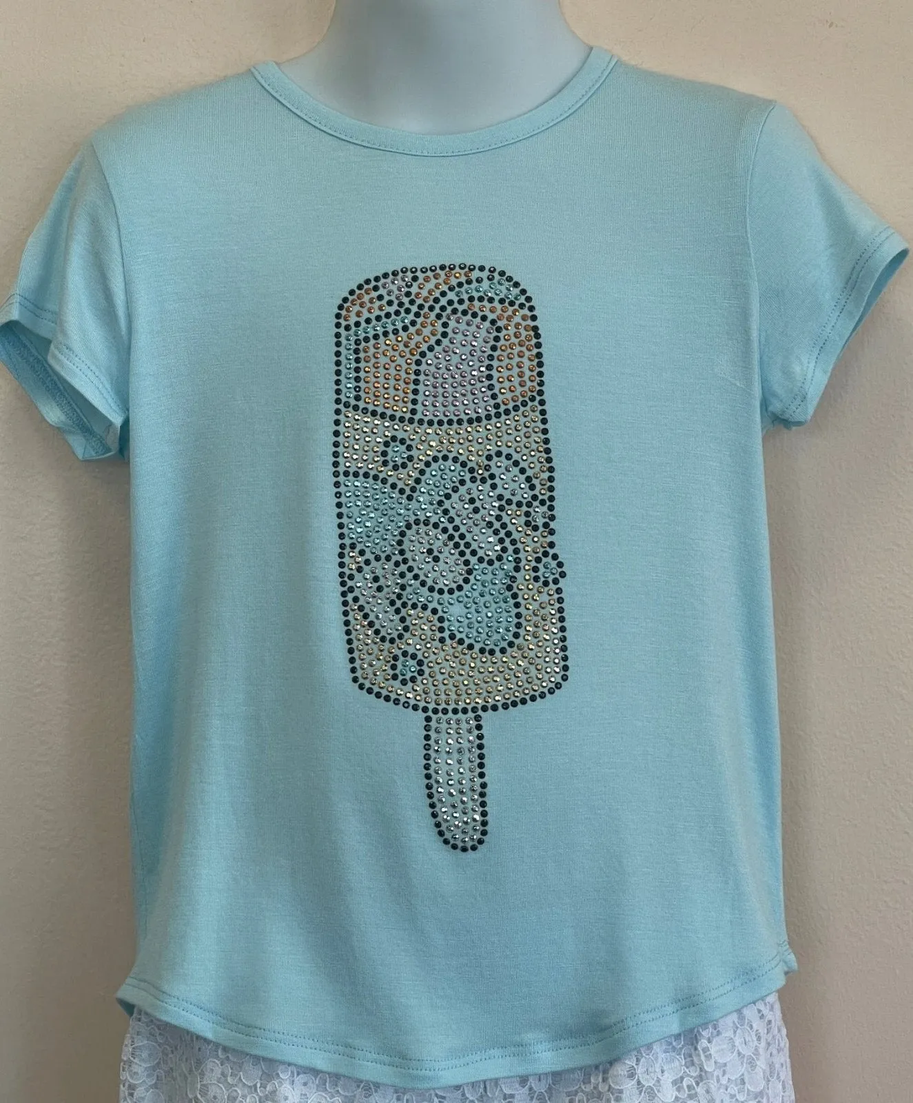 Sparkle By Stoopher Girls Crystal S/S Aqua Push Pop Popsicle Shirt