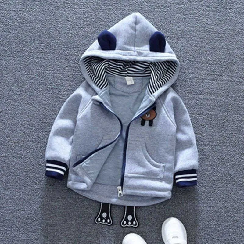 Unisex Cute Bear Cartoon Design Thick Fleece Hooded Jacket For Kids