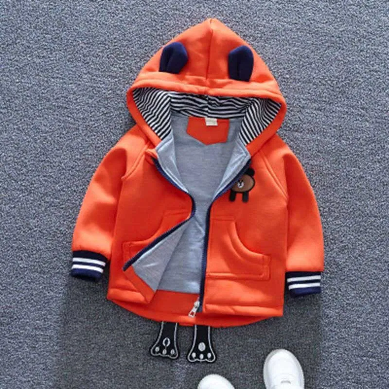 Unisex Cute Bear Cartoon Design Thick Fleece Hooded Jacket For Kids