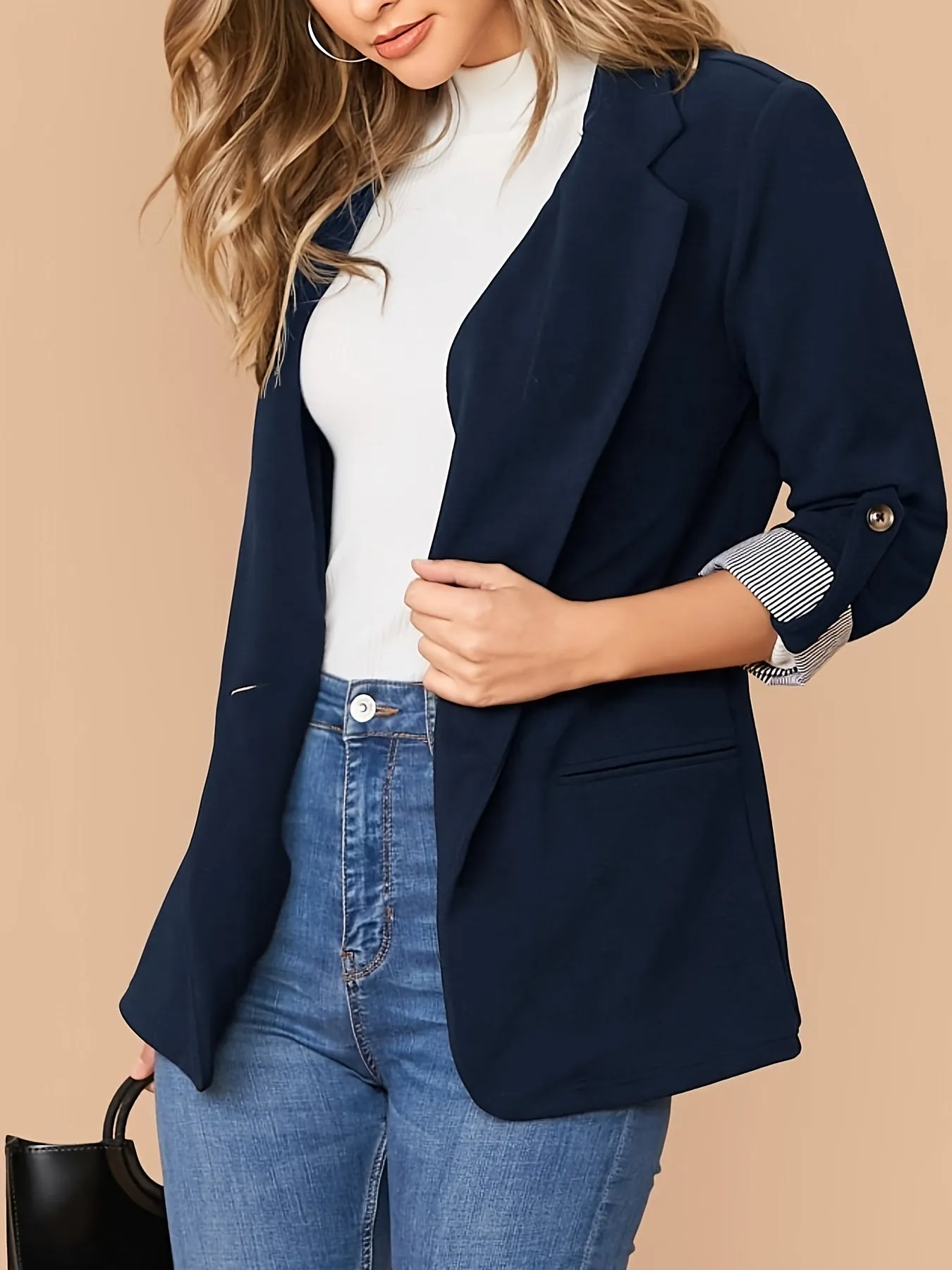 V-neck Pocket Basic Casual Long Sleeve Fashion Loose Blazer Outerwear