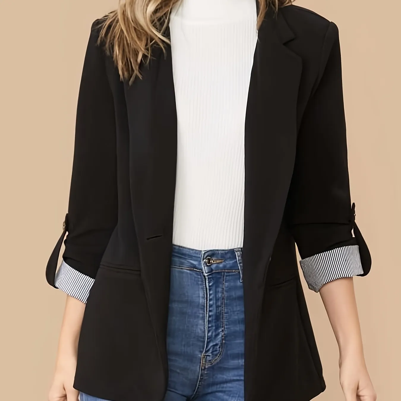 V-neck Pocket Basic Casual Long Sleeve Fashion Loose Blazer Outerwear