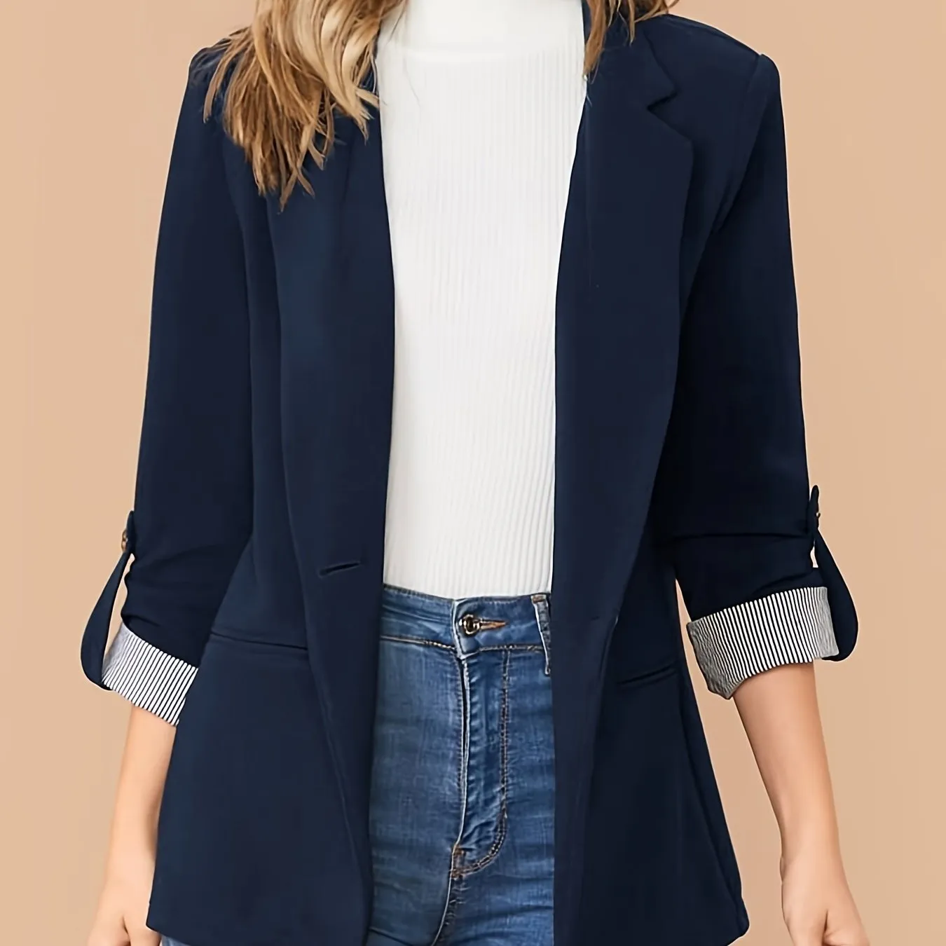 V-neck Pocket Basic Casual Long Sleeve Fashion Loose Blazer Outerwear