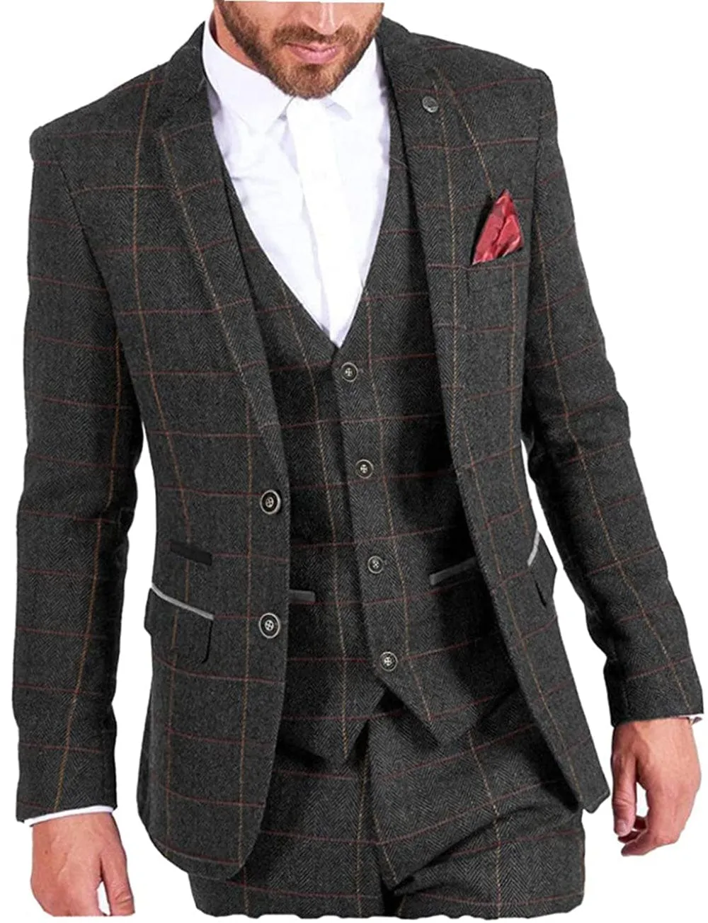 Vintage Classic Men's 3 Pieces Plaid Notch Lapel Suit (Blazer vest Pants)