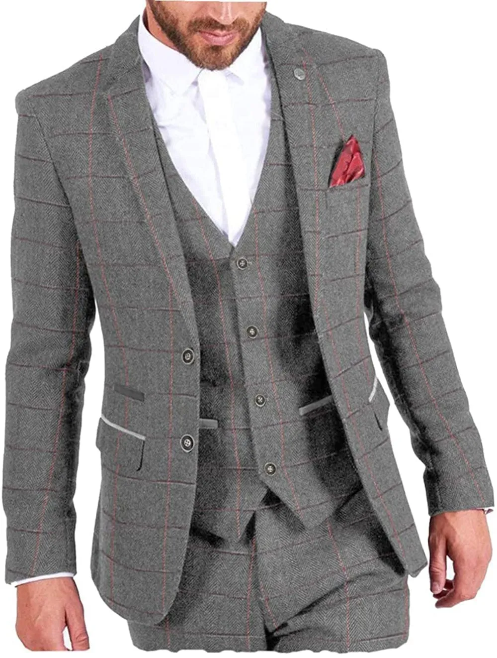 Vintage Classic Men's 3 Pieces Plaid Notch Lapel Suit (Blazer vest Pants)