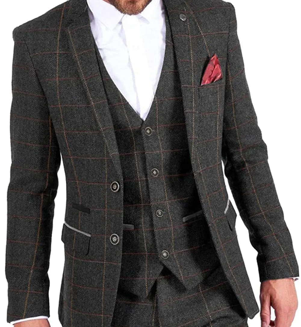 Vintage Classic Men's 3 Pieces Plaid Notch Lapel Suit (Blazer vest Pants)