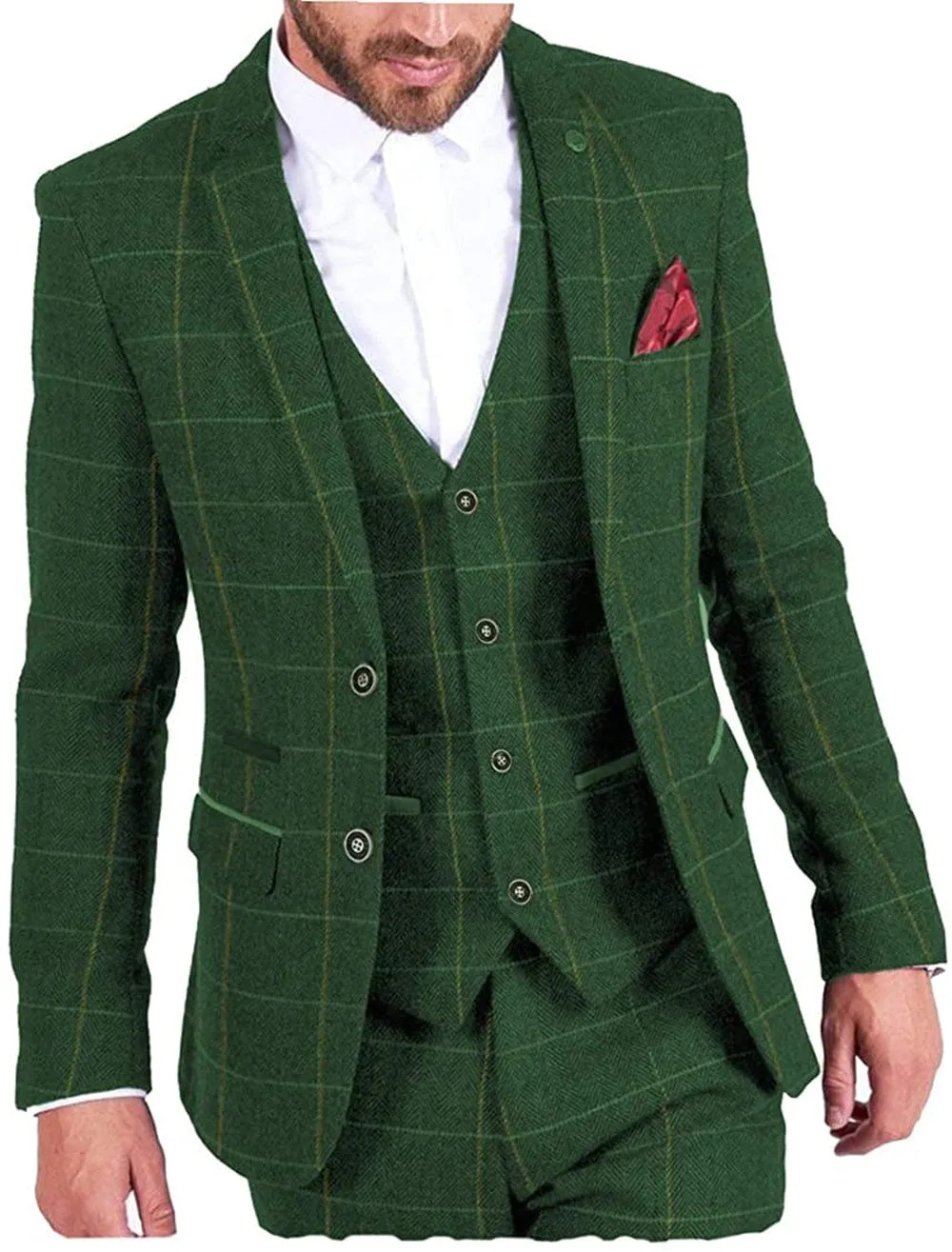 Vintage Classic Men's 3 Pieces Plaid Notch Lapel Suit (Blazer vest Pants)