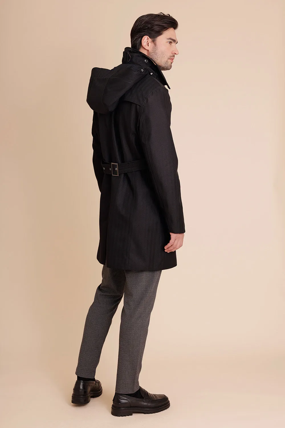 Waterproof Men's Rain Trenchcoat - Black Herringbone