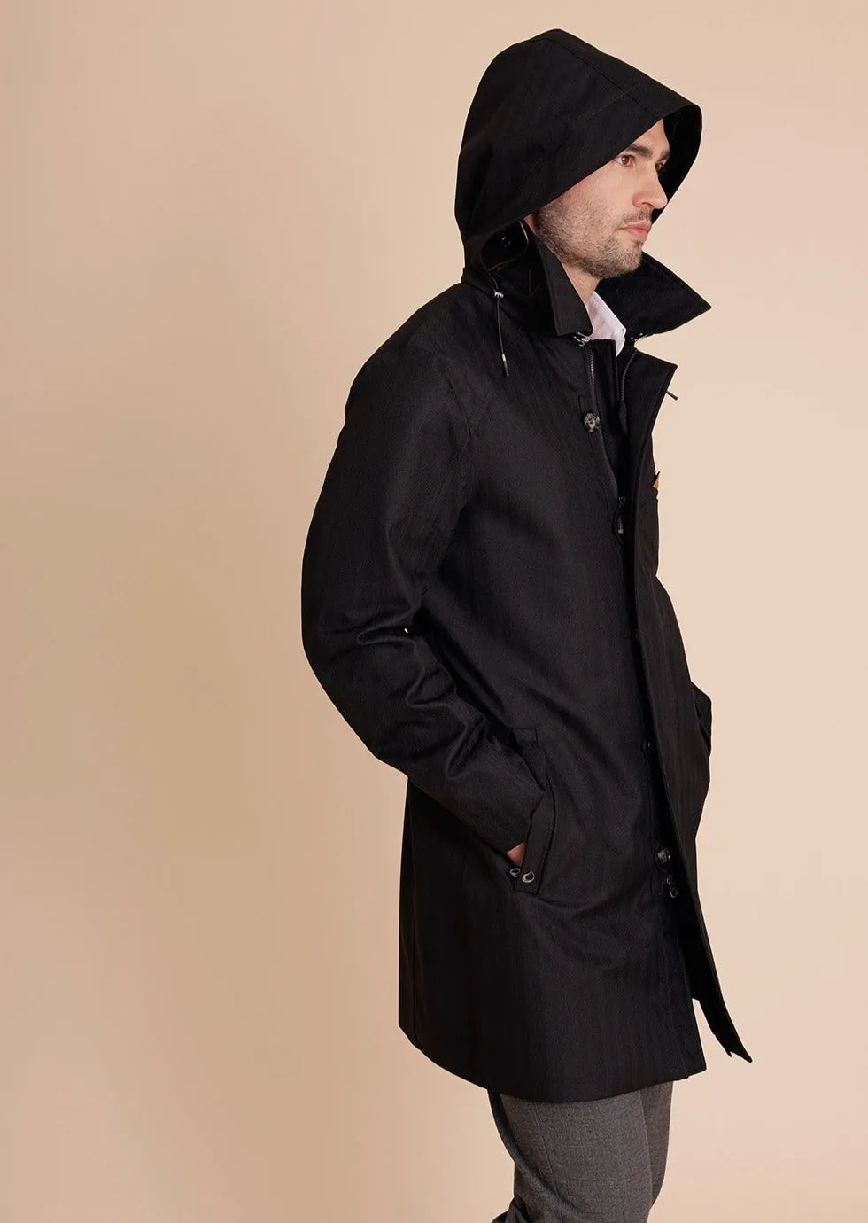 Waterproof Men's Rain Trenchcoat - Black Herringbone