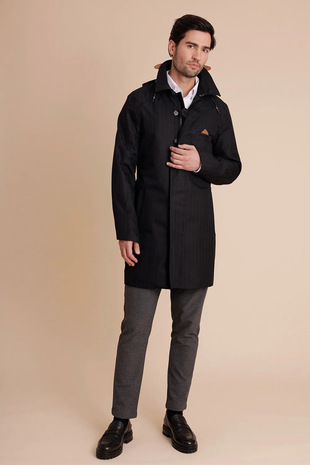 Waterproof Men's Rain Trenchcoat - Black Herringbone