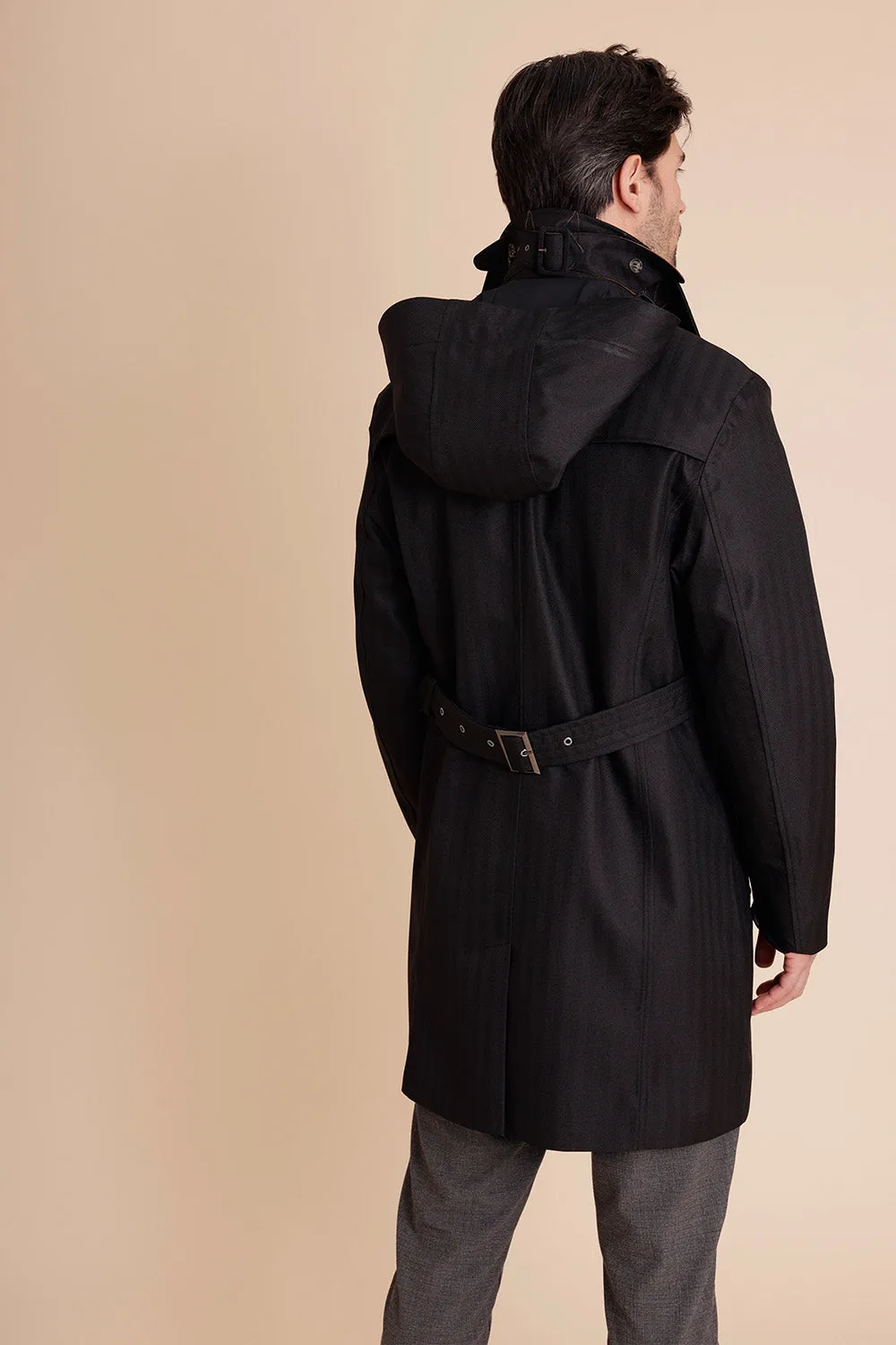 Waterproof Men's Rain Trenchcoat - Black Herringbone