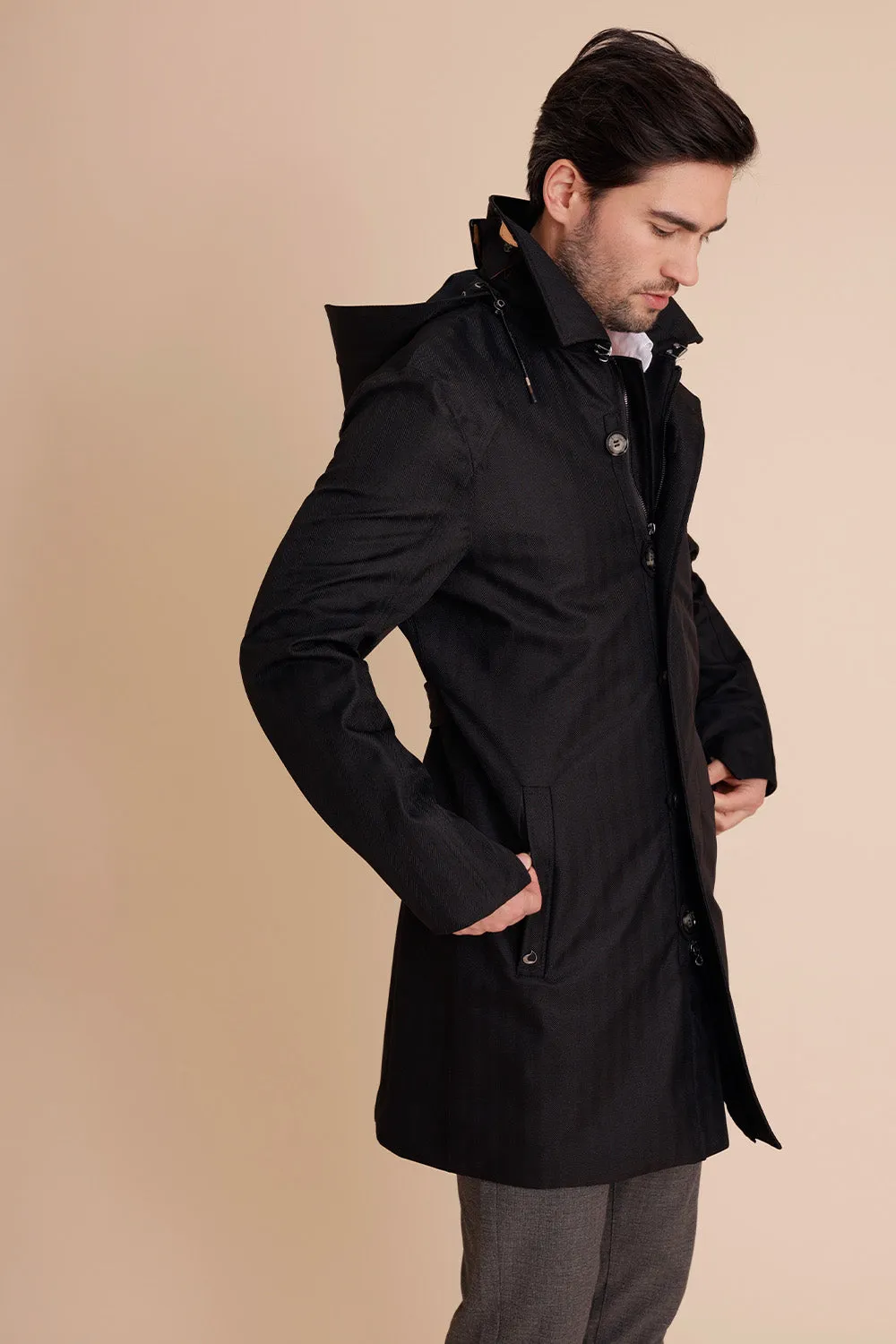 Waterproof Men's Rain Trenchcoat - Black Herringbone