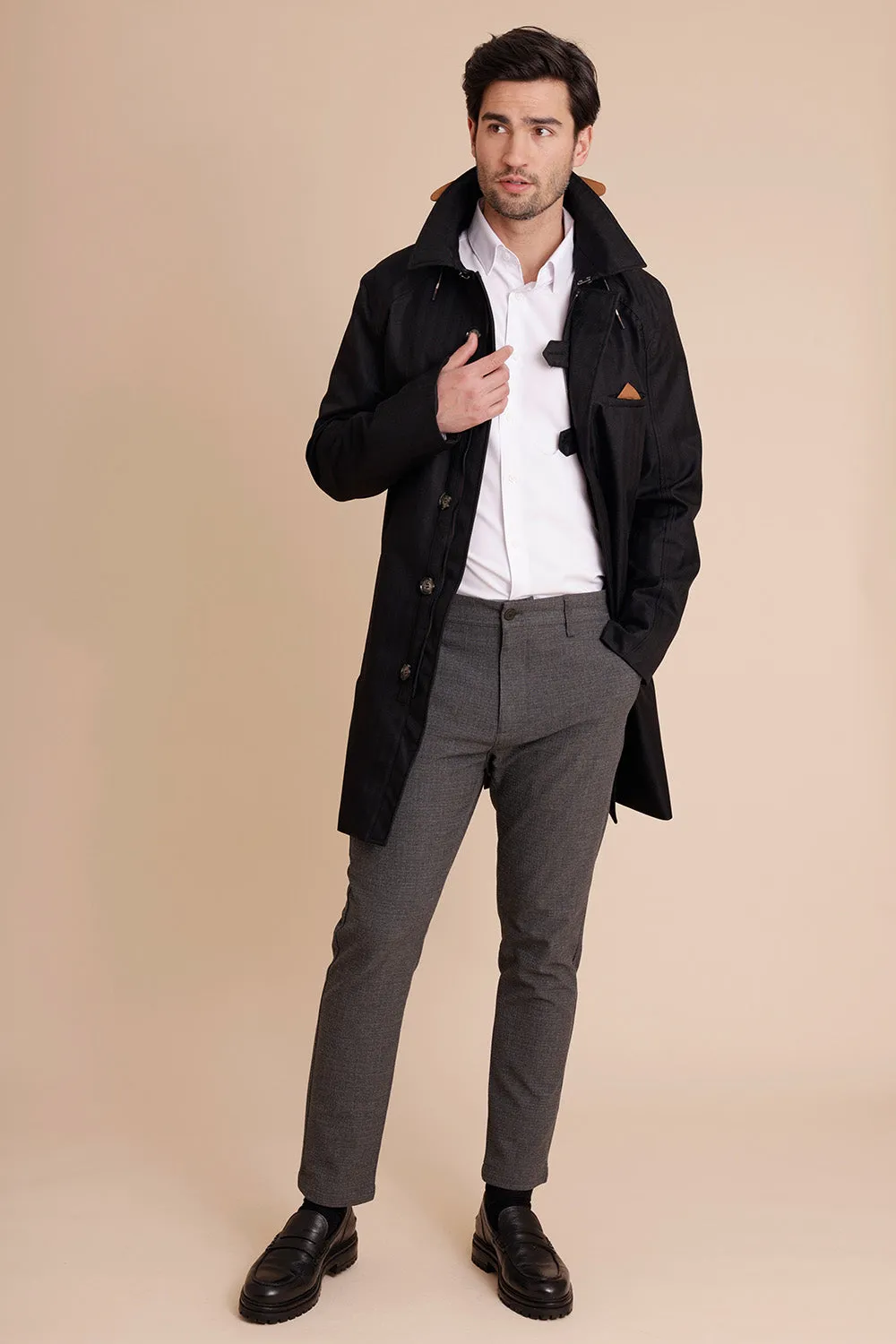 Waterproof Men's Rain Trenchcoat - Black Herringbone