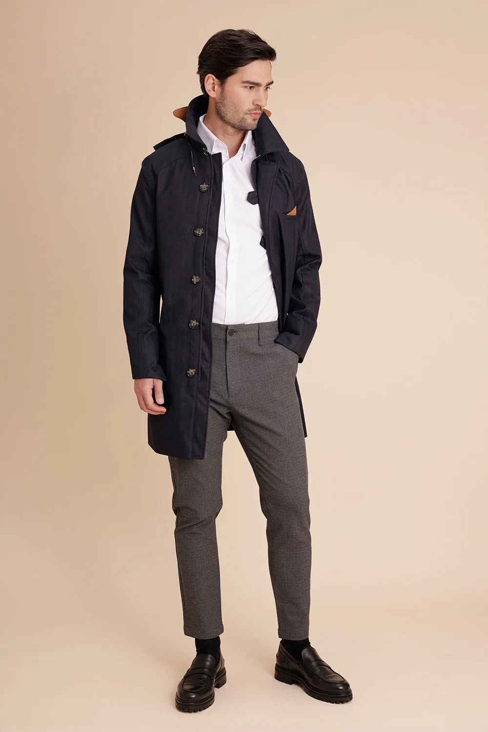 Waterproof Men's Rain Trenchcoat - Navy Blue Herringbone