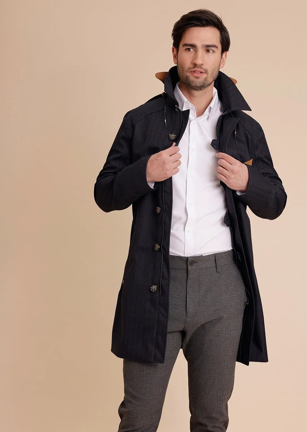 Waterproof Men's Rain Trenchcoat - Navy Blue Herringbone