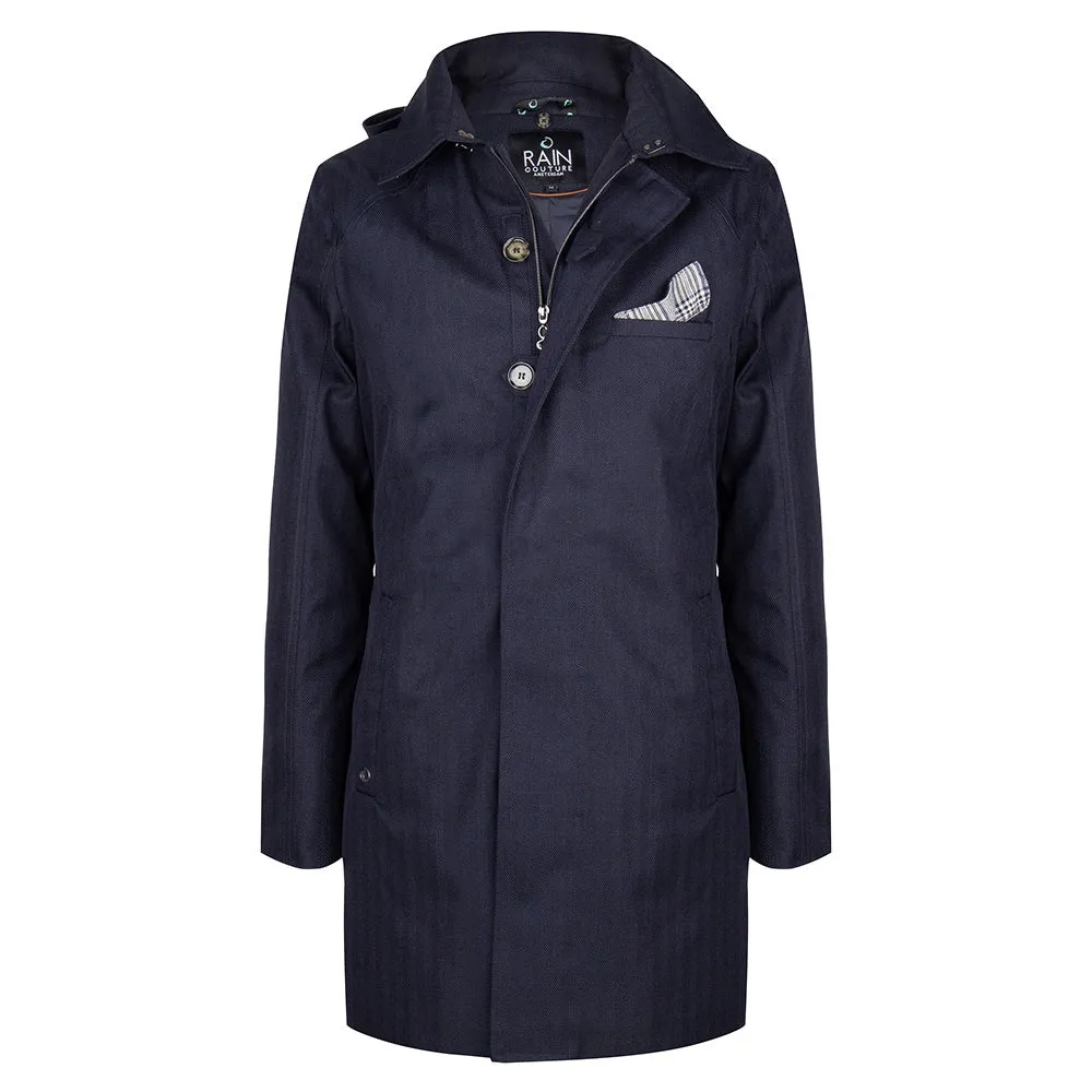 Waterproof Men's Rain Trenchcoat - Navy Blue Herringbone