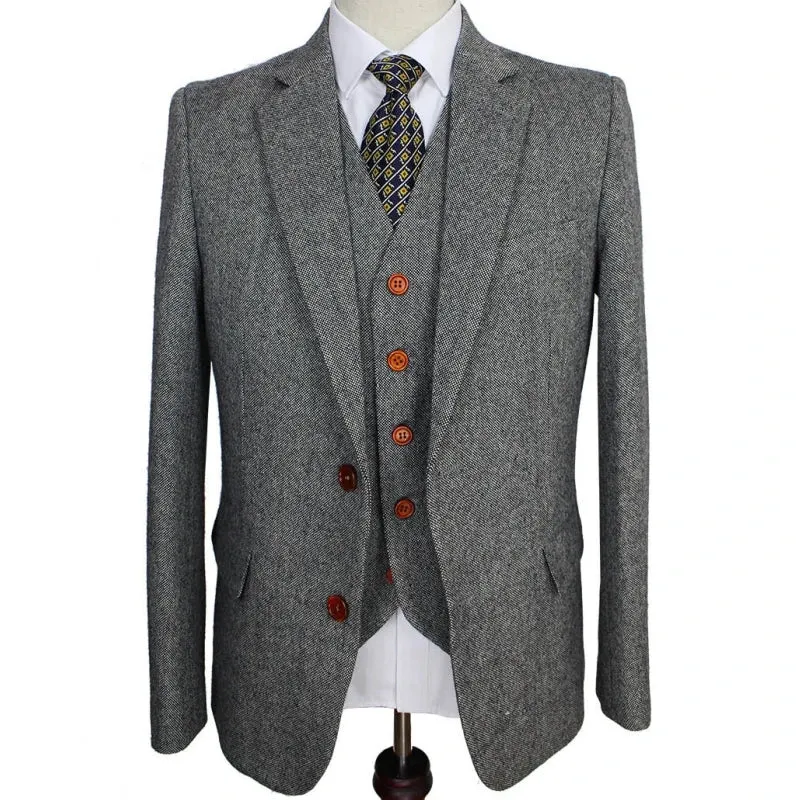 Wiaofellas  -  Men Suit Gray Retro Gentleman Style Grey Classic Tweed Tailor Wedding Suits For Slim Fit Blazer Mens 3 Piece Jacket Pants Vest