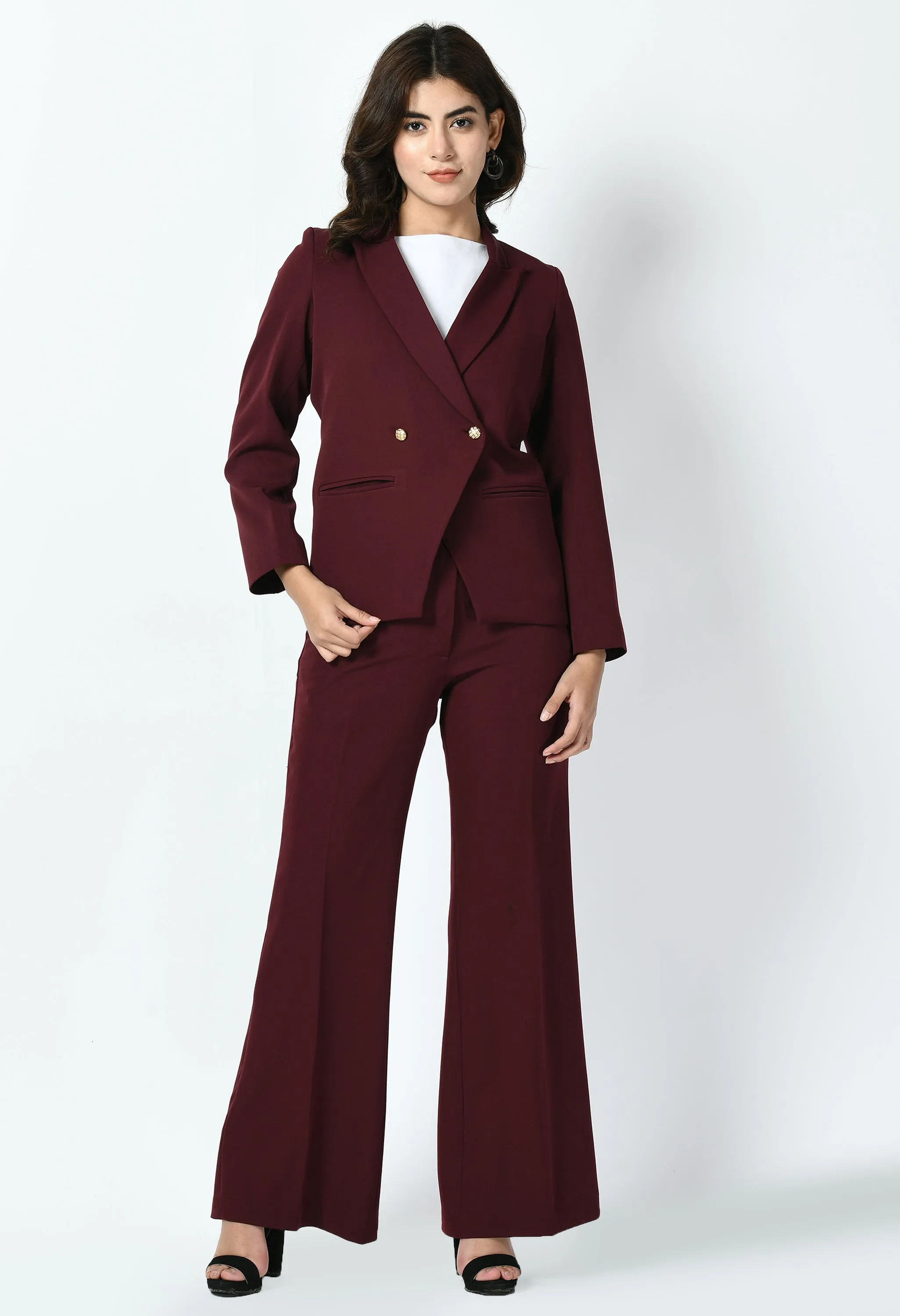 Wine Cotton Blend Dominance Solid Formal Blazer