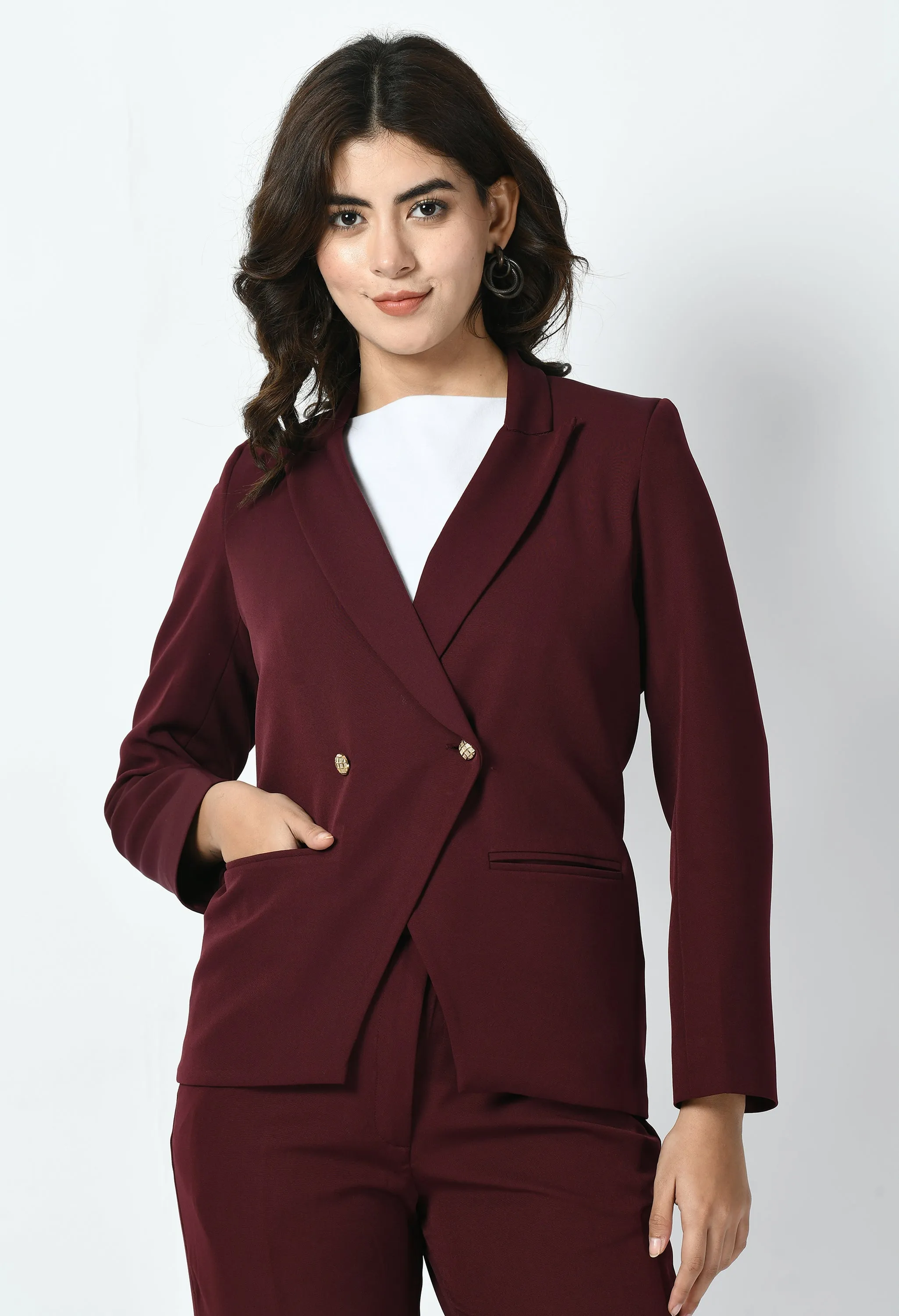 Wine Cotton Blend Dominance Solid Formal Blazer