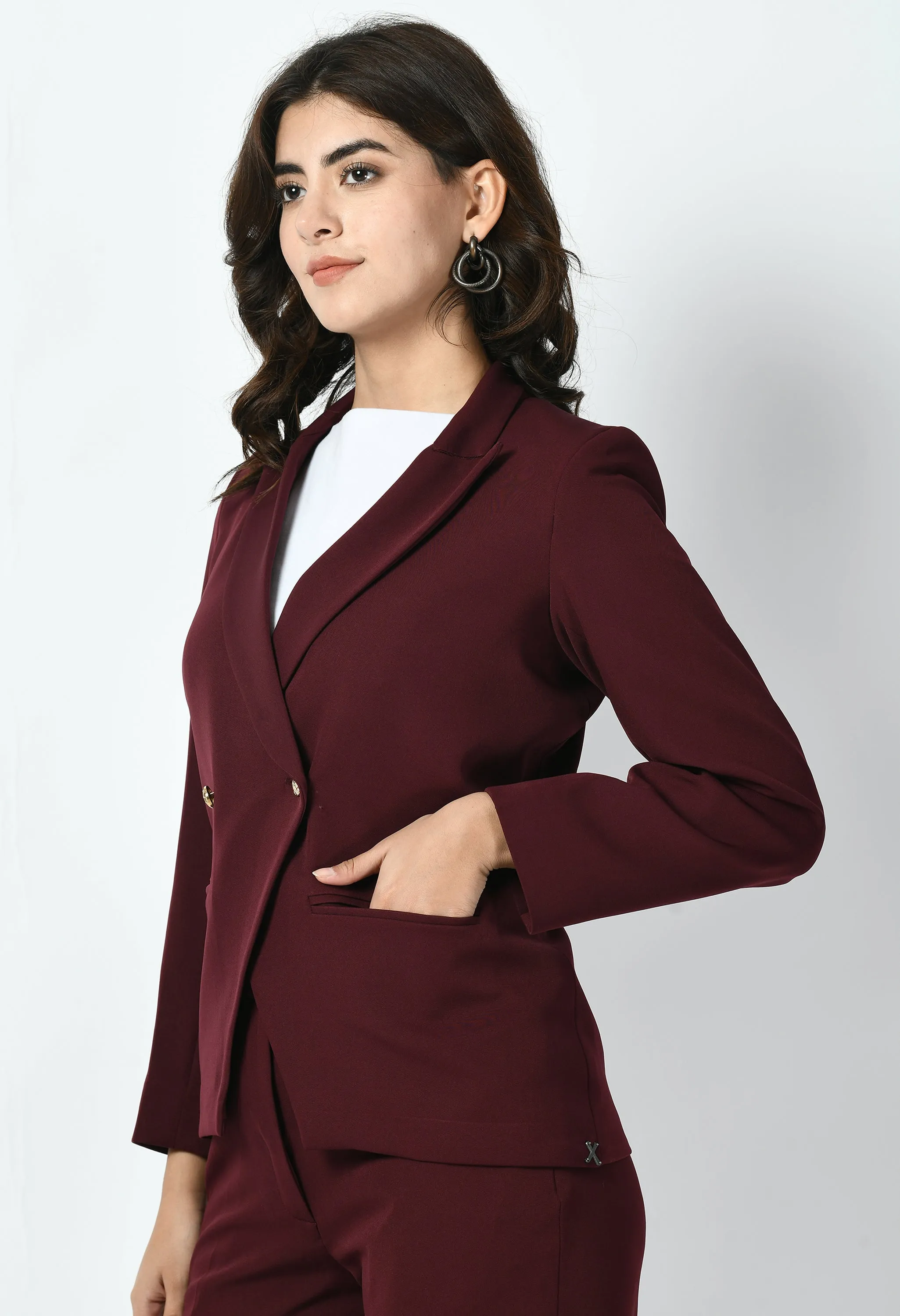 Wine Cotton Blend Dominance Solid Formal Blazer